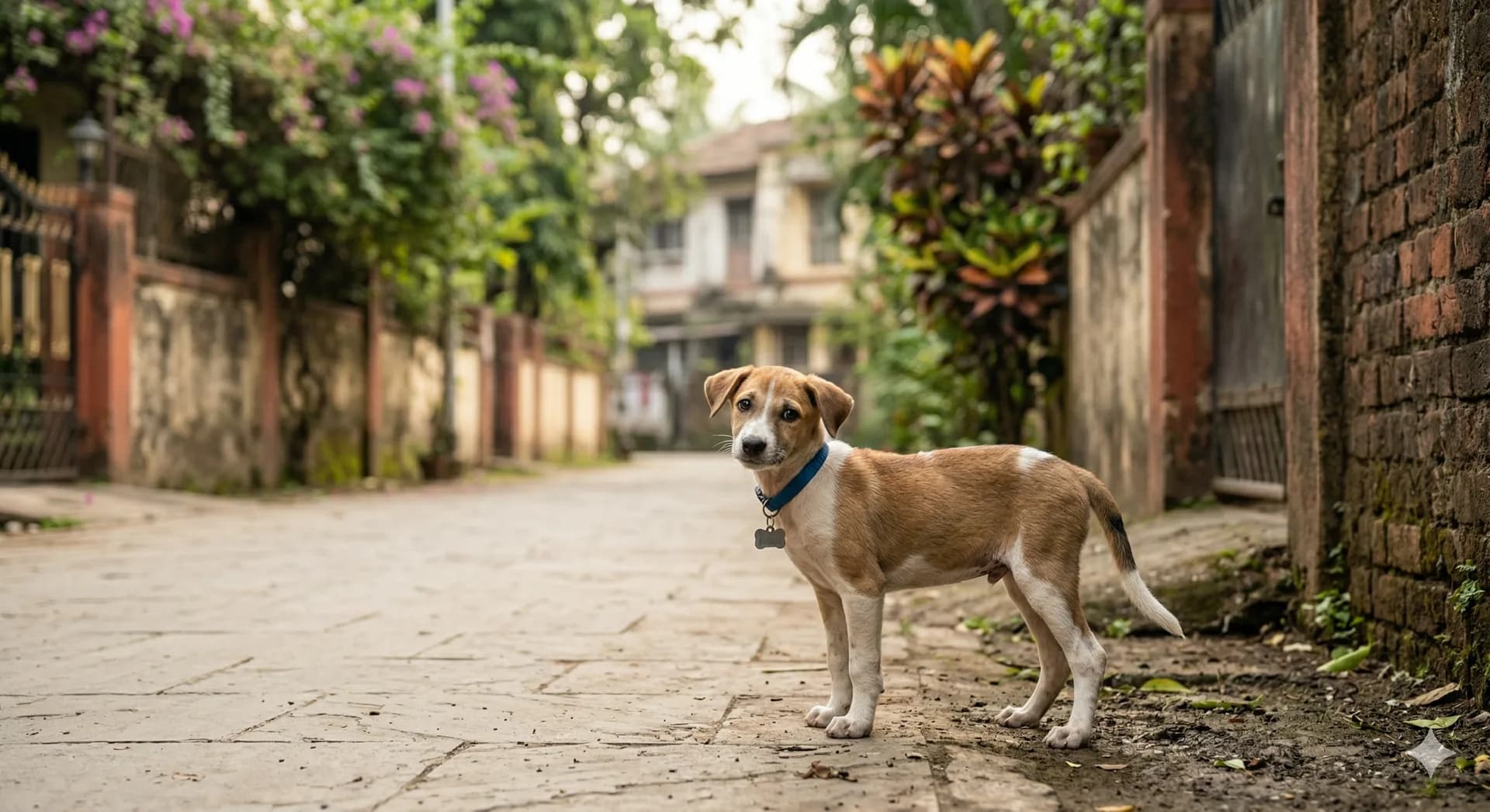 Stray cat or puppy looking lost on a street