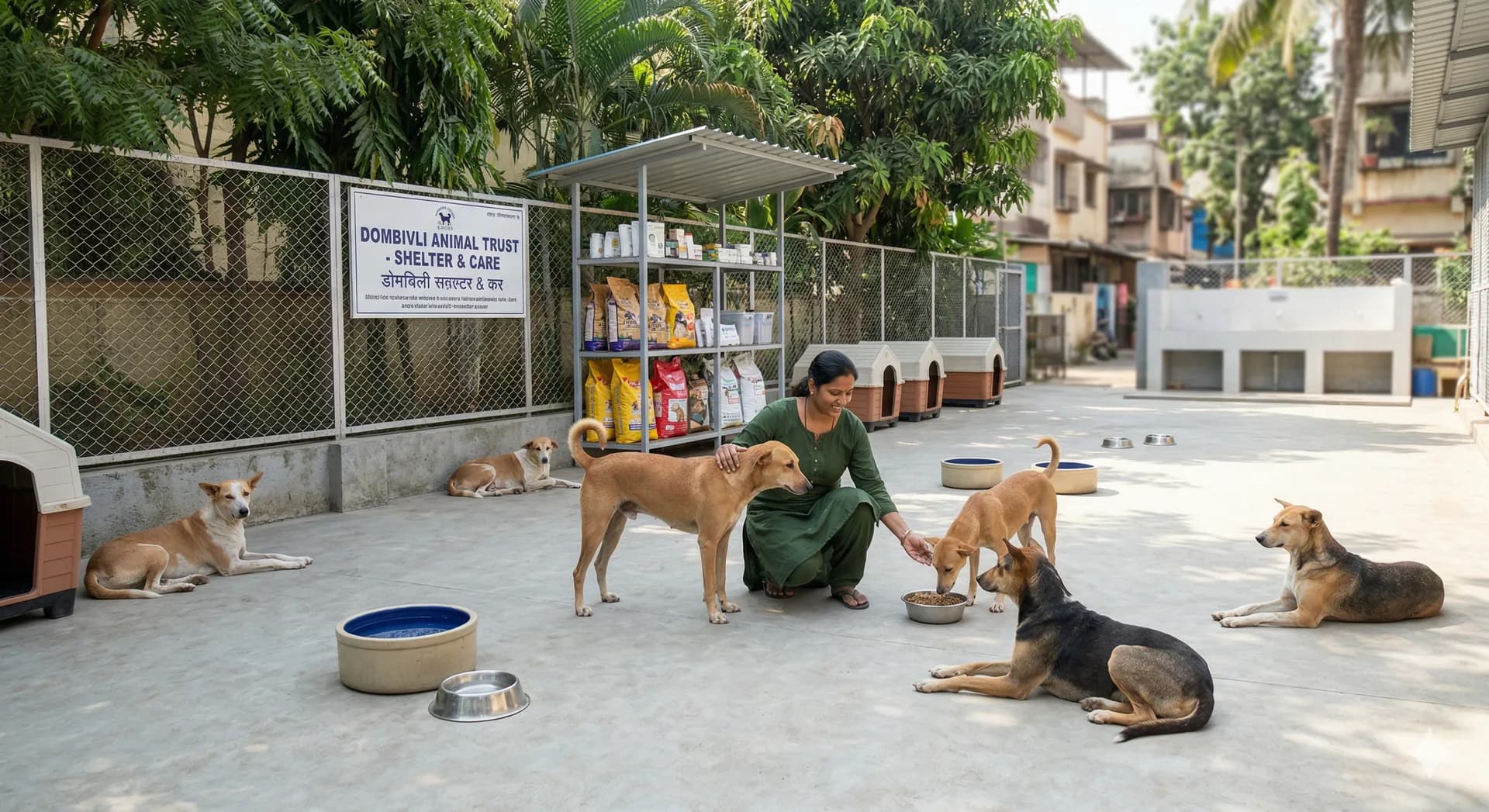 Animals at an NGO shelter with a volunteer