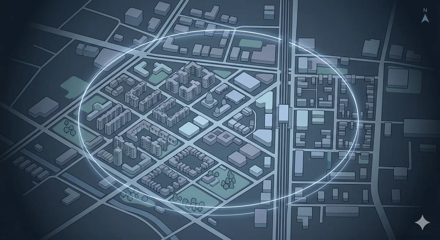 Stylised city map representing geo-radius lost pet matching